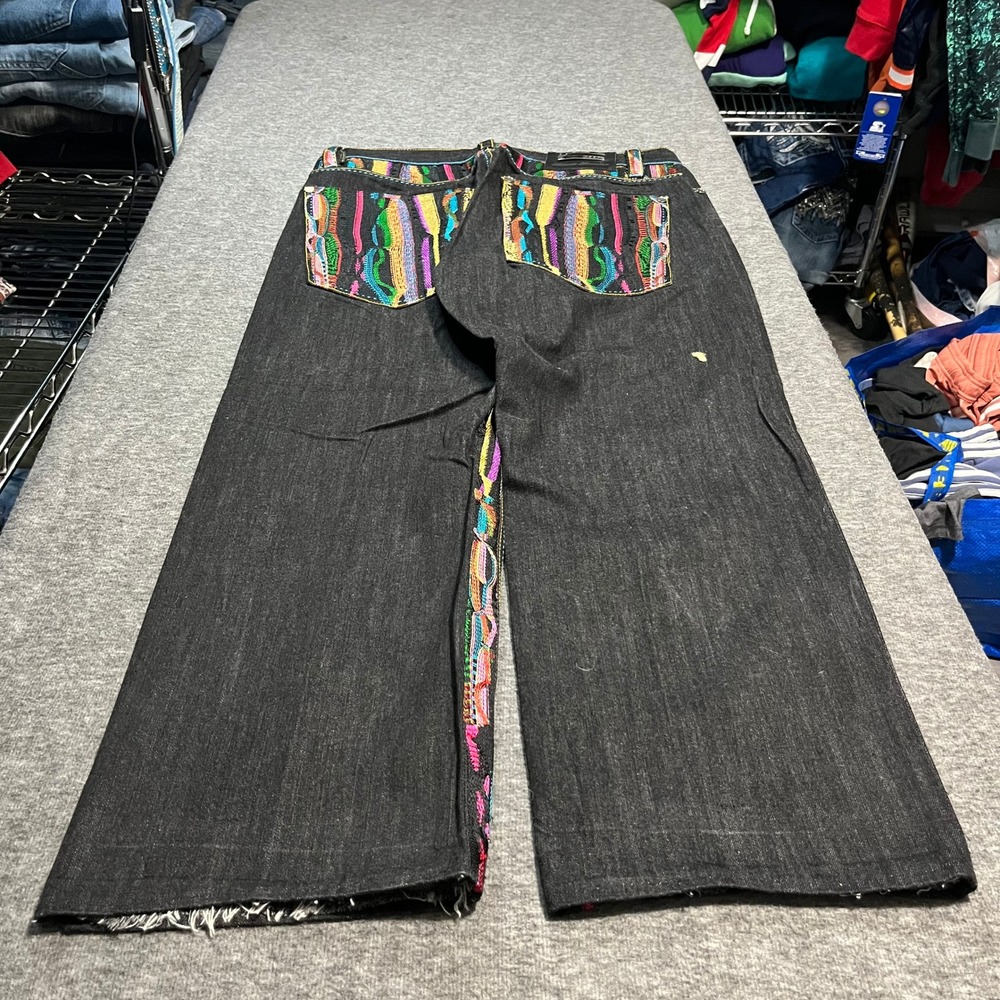 Coogi Mens 38x32 Graphic Sweater Embroidered Jeans Dark Wash Denim Multi Color - Picture 3 of 7